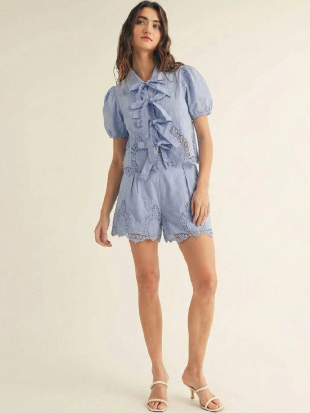 Ice Blue Just Me Sleeveless Tank & Short Sleeve Blouse & Crochet Shorts 3pc Set - Picture 2 of 3